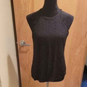 Ecru Black Sleeveless Top. Beaded Sz Med